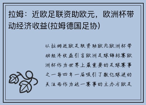 拉姆：近欧足联资助欧元，欧洲杯带动经济收益(拉姆德国足协)
