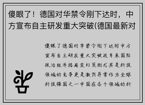 傻眼了！德国对华禁令刚下达时，中方宣布自主研发重大突破(德国最新对华政策)