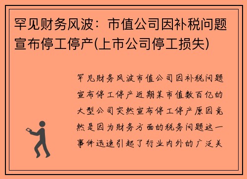 罕见财务风波：市值公司因补税问题宣布停工停产(上市公司停工损失)