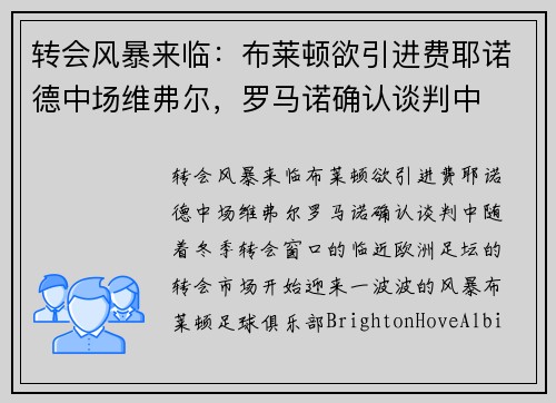 转会风暴来临：布莱顿欲引进费耶诺德中场维弗尔，罗马诺确认谈判中