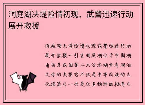 洞庭湖决堤险情初现，武警迅速行动展开救援