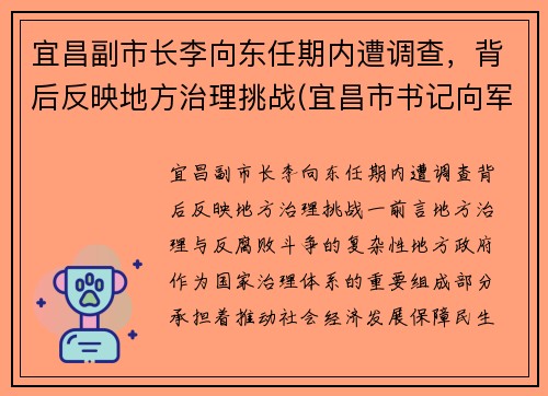 宜昌副市长李向东任期内遭调查，背后反映地方治理挑战(宜昌市书记向军)