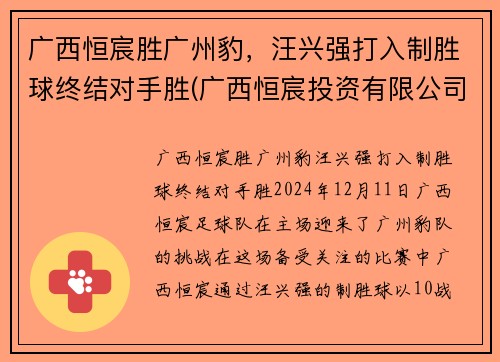 广西恒宸胜广州豹，汪兴强打入制胜球终结对手胜(广西恒宸投资有限公司开发楼盘)