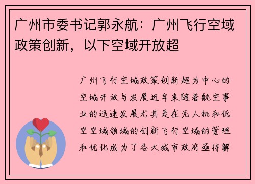 广州市委书记郭永航：广州飞行空域政策创新，以下空域开放超