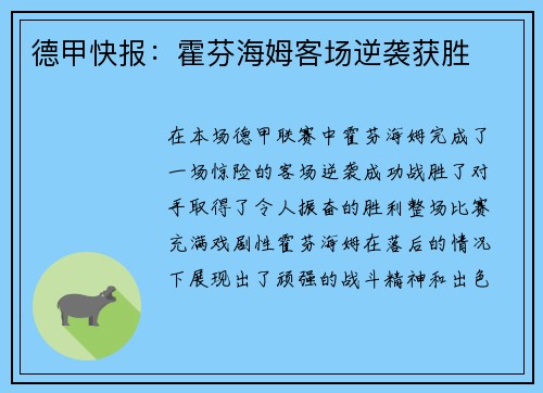 德甲快报：霍芬海姆客场逆袭获胜