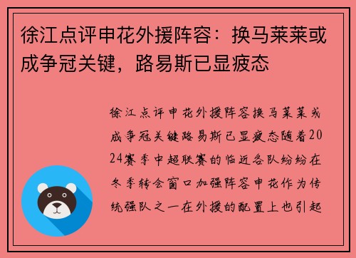 徐江点评申花外援阵容：换马莱莱或成争冠关键，路易斯已显疲态