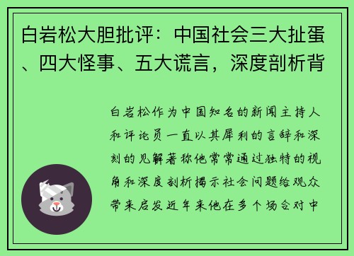 白岩松大胆批评：中国社会三大扯蛋、四大怪事、五大谎言，深度剖析背后的真相