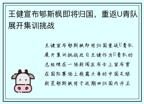 王健宣布郇斯枫即将归国，重返U青队展开集训挑战