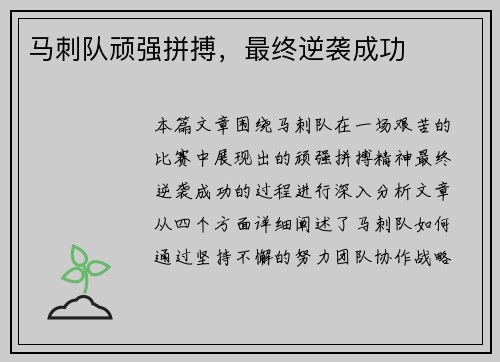马刺队顽强拼搏，最终逆袭成功