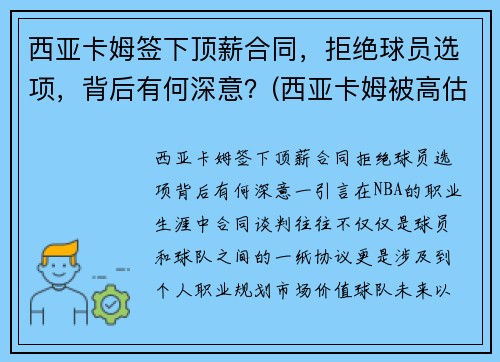 西亚卡姆签下顶薪合同，拒绝球员选项，背后有何深意？(西亚卡姆被高估)