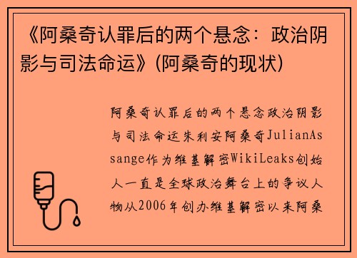《阿桑奇认罪后的两个悬念：政治阴影与司法命运》(阿桑奇的现状)